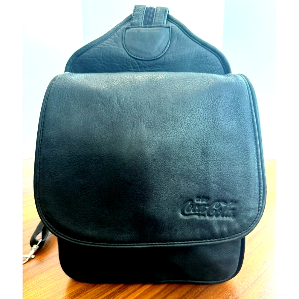 VINTAGE COCA COLA Leather Canyon Outback Black Backpack Flap Bag Messenger SLING